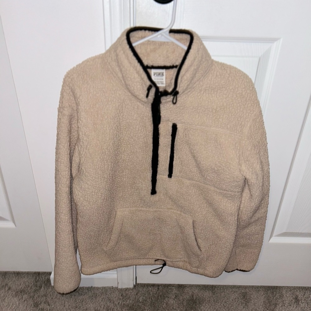 PINK Cream Colored Sherpa Quarter-zip